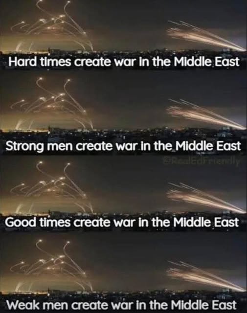 The 'hard times create strong men' cycle has one simple outcome in the Middle East, and it's always war. 🤷‍♂️