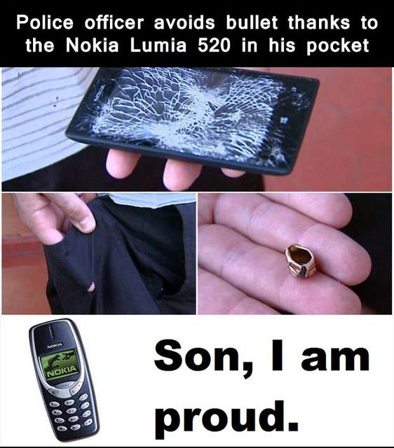 The Nokia legacy lives on! The Lumia 520 makes its ancestor, the mighty 3310, proud by taking a bullet for its owner. 🛡️