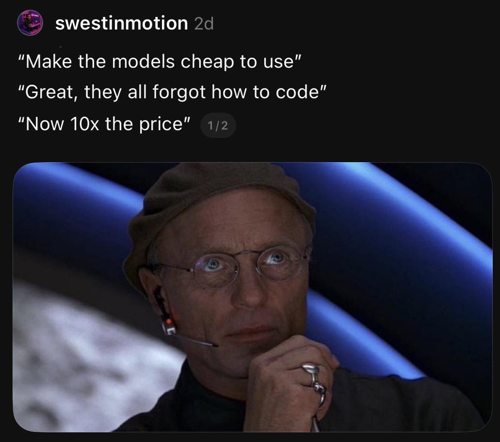 The AI overlords' 3-step plan to make developers broke is going perfectly. 😈