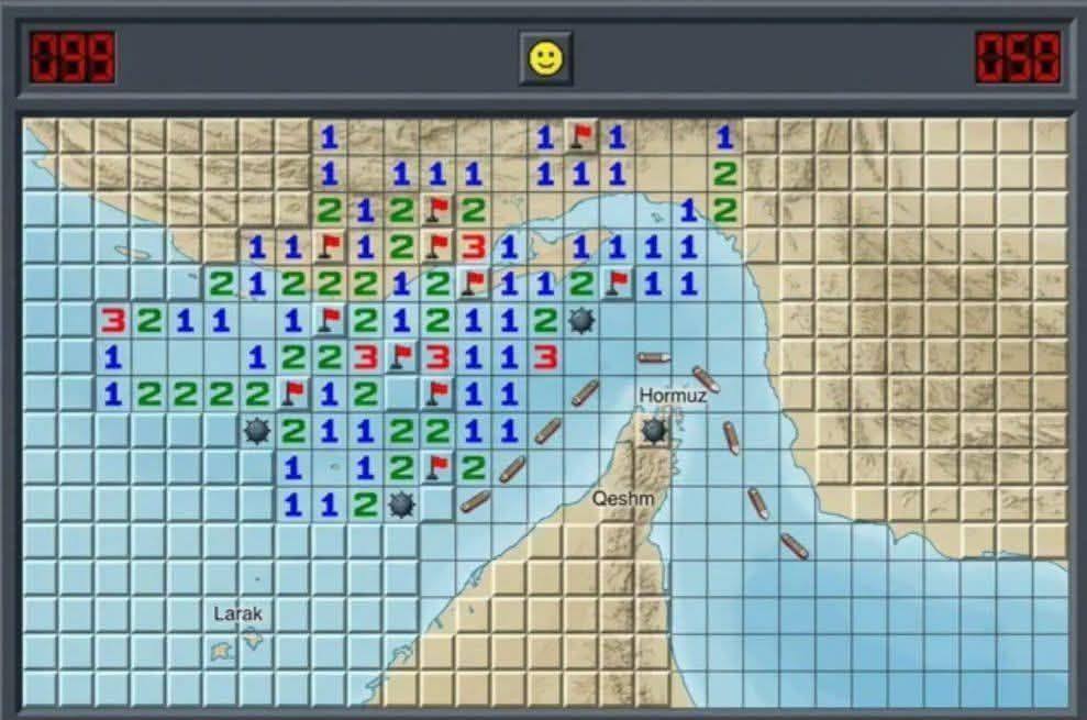 Just a casual game of Minesweeper in the Strait of Hormuz. One wrong click and global oil prices go 📈💥.