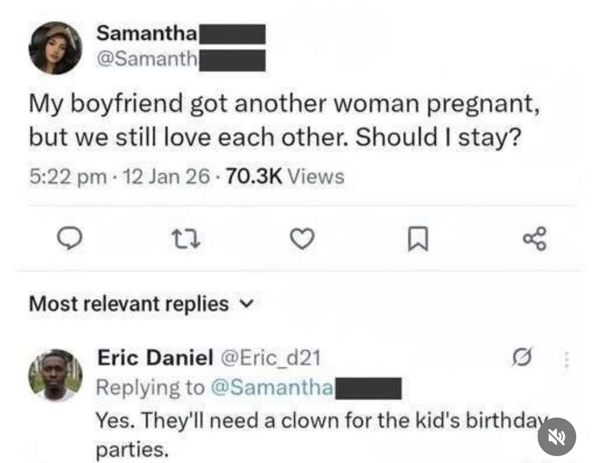 When you ask Twitter for relationship advice and get roasted into a new career path. 🤡