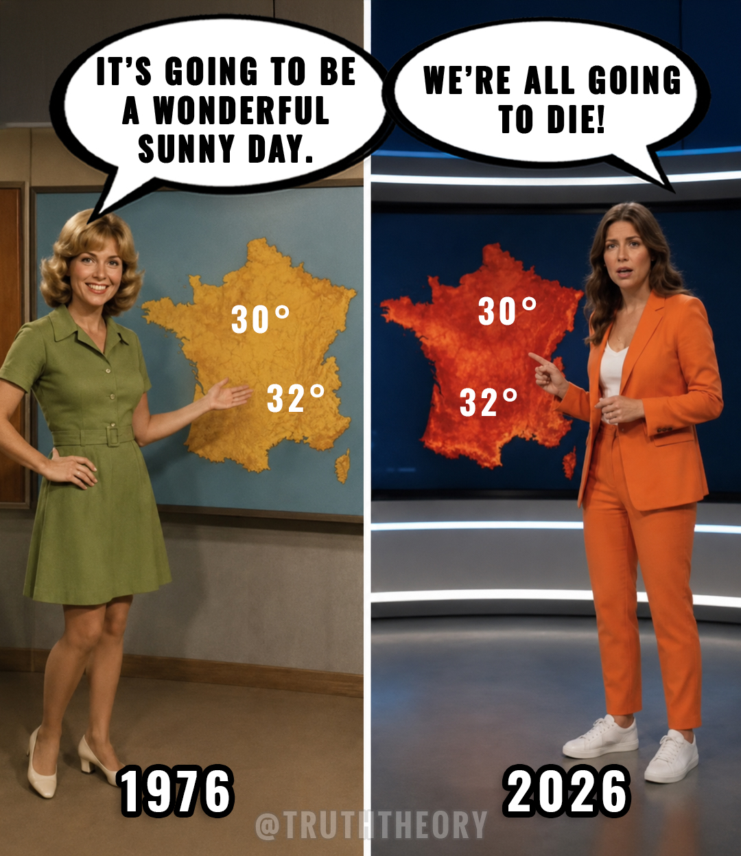 How our reaction to a 30°C day has evolved over the years. From sunbathing to panicking. 🔥