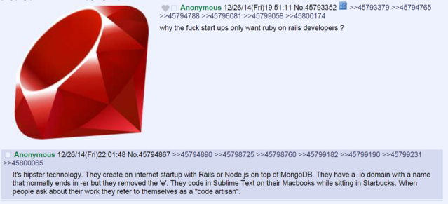 A classic 4chan post from 2014 that perfectly roasts the 'code artisan' hipster developer stereotype. This description is timeless.