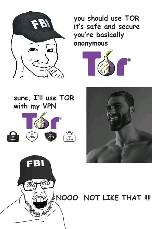 When the FBI recommends Tor for your 'anonymity' but you use a VPN on top of it just to be safe. 😎