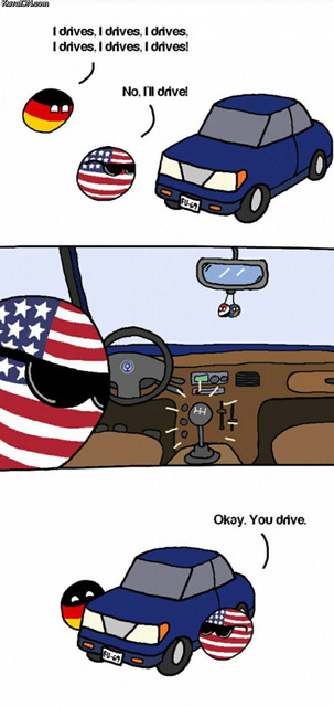 That moment of panic when the confident American realizes what a manual transmission is. Germany knew all along. 😂