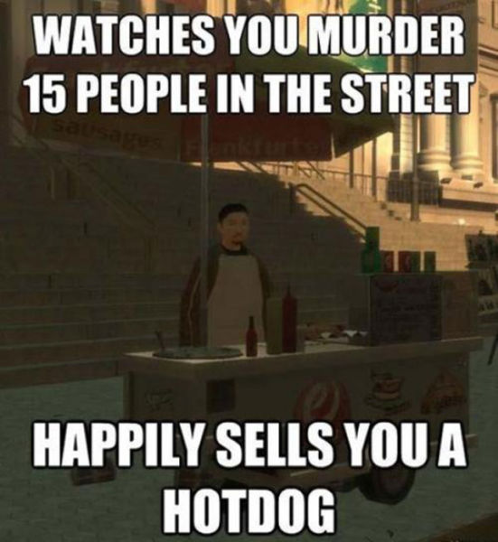 Business is booming, even when the bodies are dropping. Gotta respect the hustle of a Liberty City hotdog vendor. 🌭