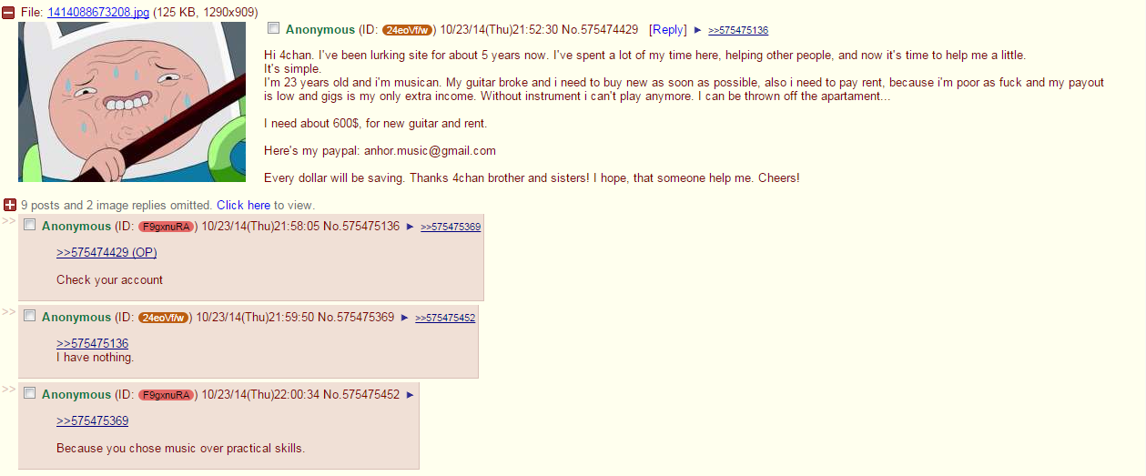 The original poster got played harder than his broken guitar ever was. A classic tale of asking 4chan for help.