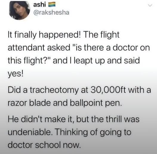 When you've watched enough Grey's Anatomy to think you're qualified for in-flight surgery. Spoiler: you're not. ✈️🔪