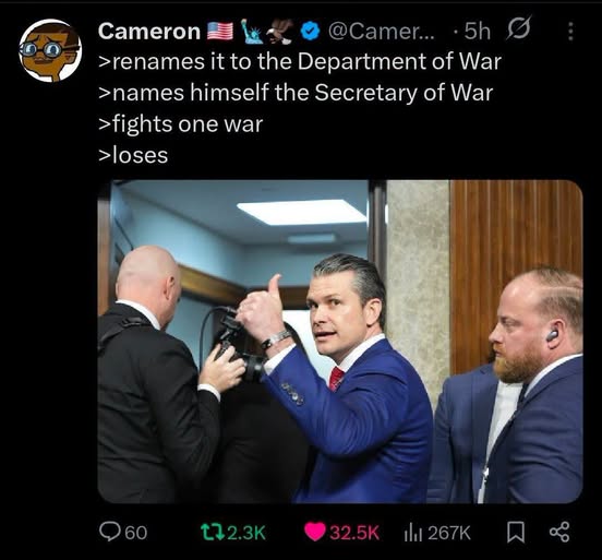 Confidence level: Secretary of War. Actual record: 0-1. At least he's got the thumbs up for effort? 😂