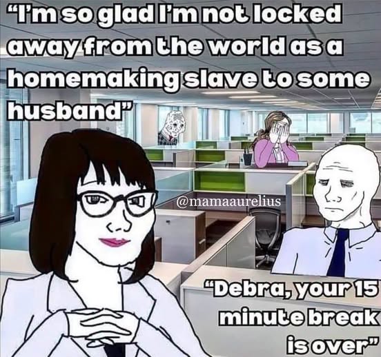 When you think you've escaped being a 'homemaking slave' only to become a corporate slave with a 15-minute break. The illusion of freedom is real. 🥲