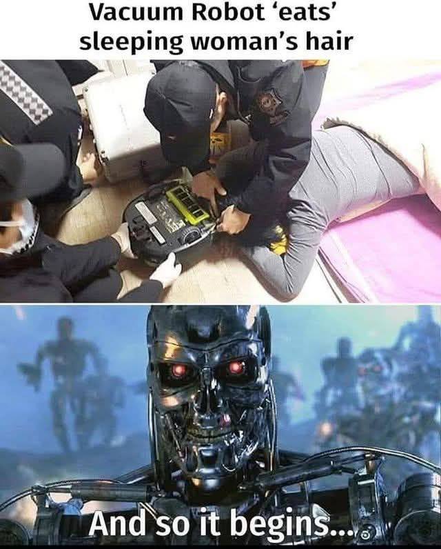 Skynet's humble beginnings: starting with a bad hair day. The robot uprising is here, and it's not giving good haircuts. 🤖
